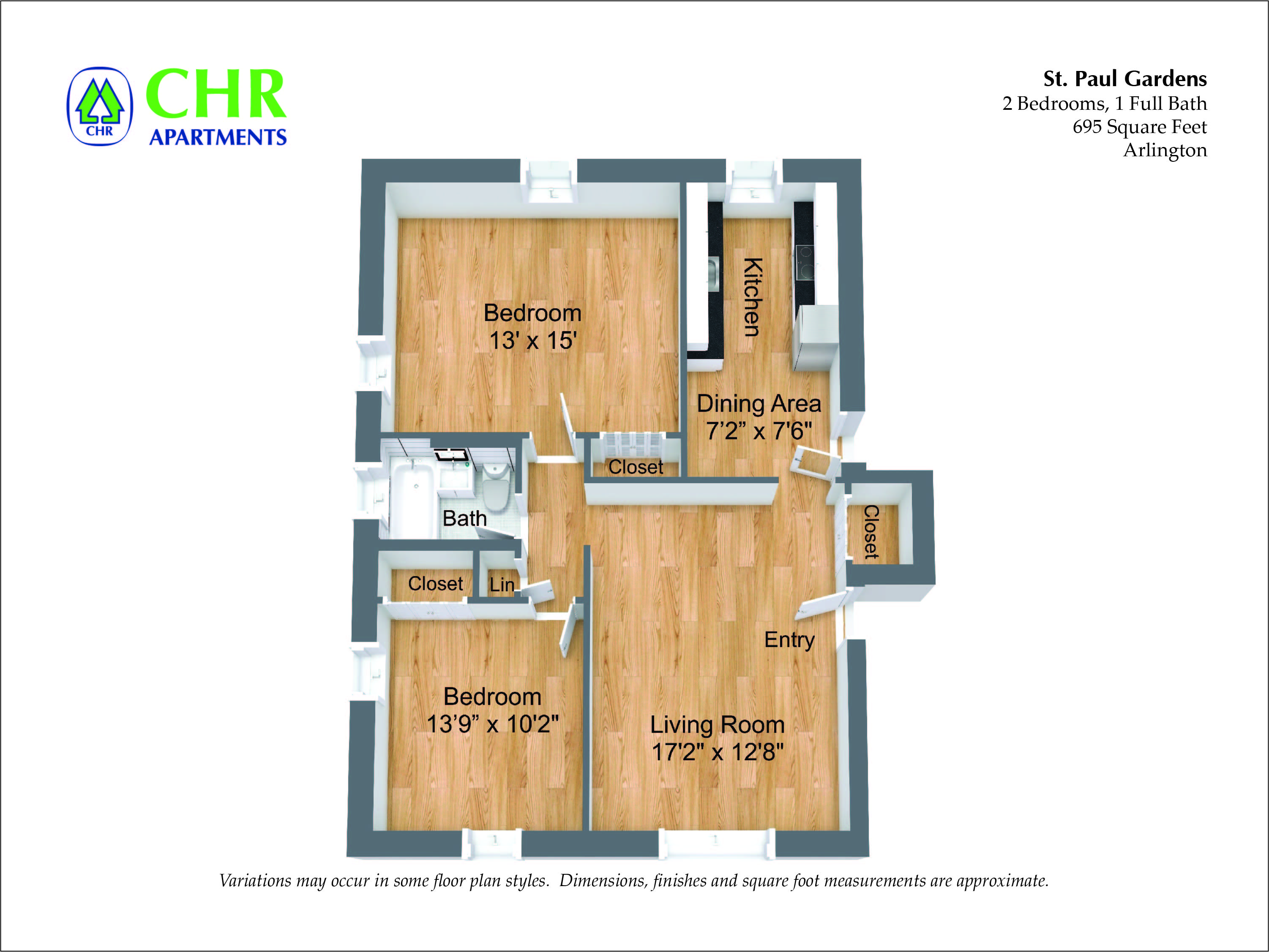 Floor plan for 2 beds, 1 bath, 856 sqft